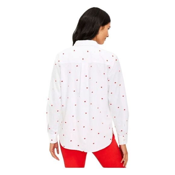 Loft Heart Print Everyday Button Down Shirt White Swiss Dot Poplin Cotton XSP - Picture 3 of 12